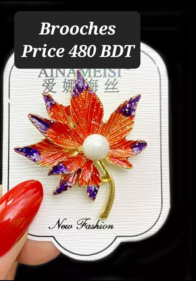 Navy Blue and Orange Maple Leaf with white pearl Brooch